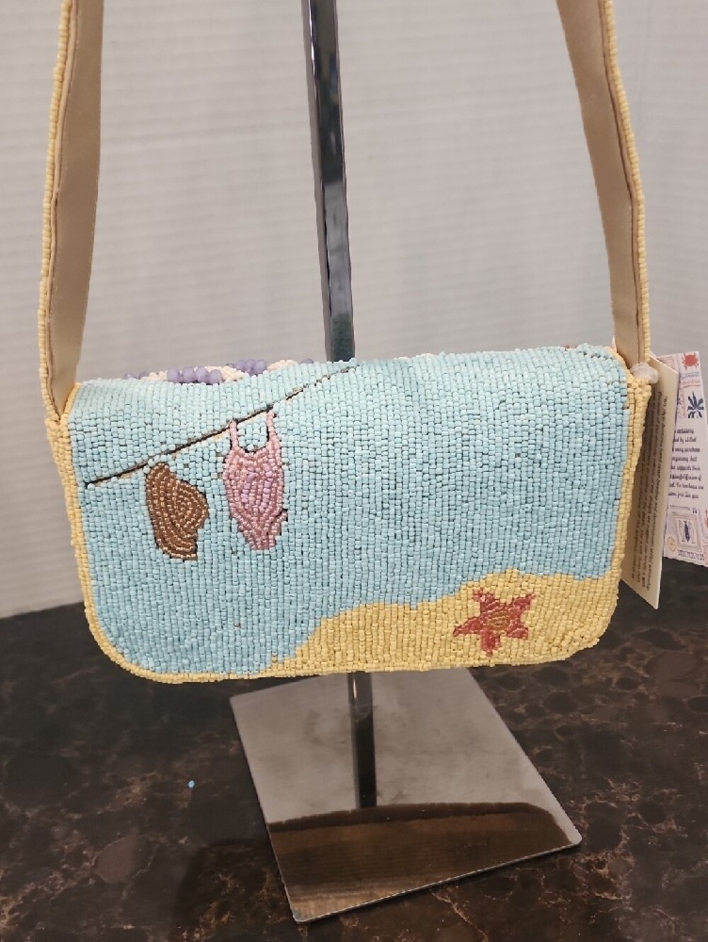 Beaded Beach Scene Bag in Light Blue and Yellow - Picture 3 of 7